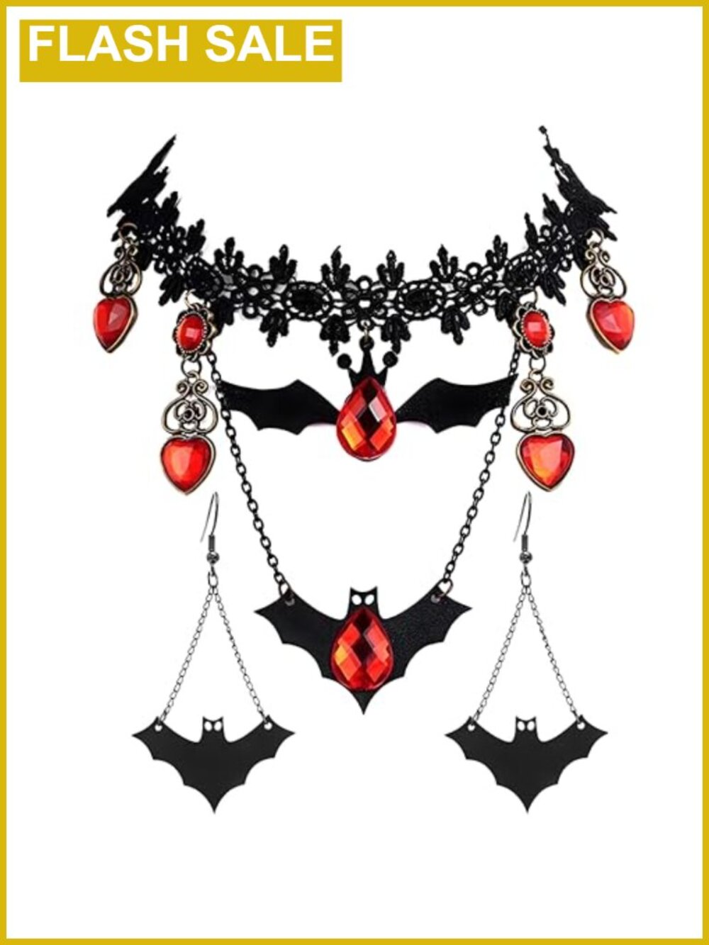 Handmade Gothic Bat Necklace Earrings Set Lace Choker Halloween Costume Jewelry